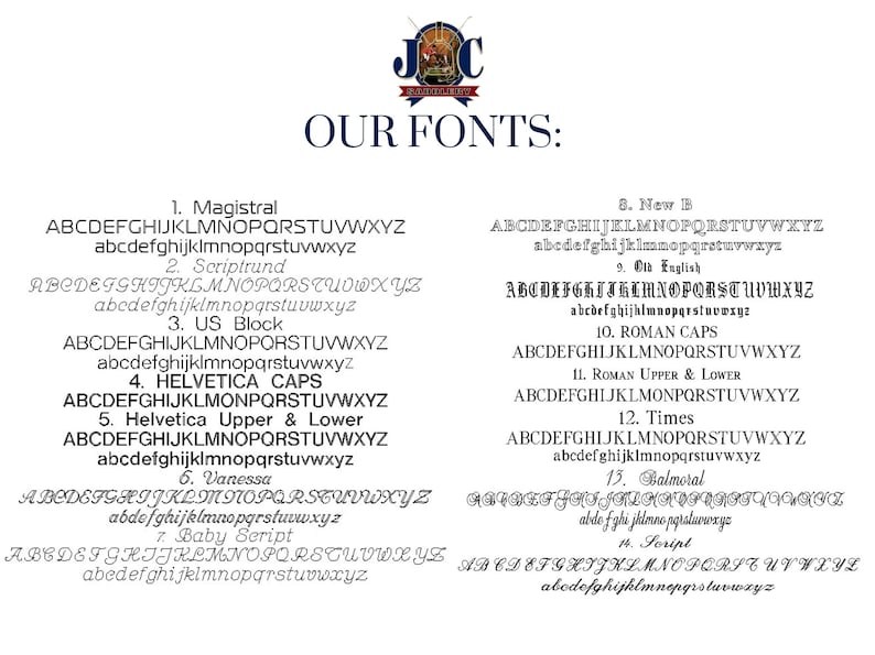 以下が含まれることがあります： Magistral、Scriptrund、US Block、Helvetica Capsなど、さまざまなフォントの選択肢を示す画像。各フォントは大文字と小文字のアルファベットで表示され、ユーザーに明確な視覚的参照を提供します。