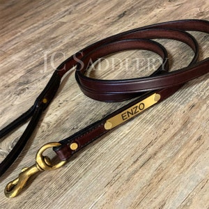 May include: A dark brown leather dog leash with a gold-colored clasp and a gold nameplate that reads "ENZO". The leash is made of high-quality leather and features gold rivets. The brand name "JC Saddlery" is visible in the background.
