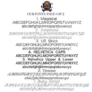 May include: A page displaying font samples, including Magistral, Scriptrund, US Block, Helvetica Caps, Helvetica Upper & Lower, Vanessa, and Baby Script. The text is in both uppercase and lowercase, with a logo at the top.