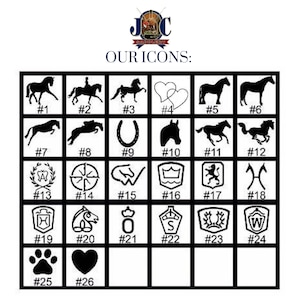 May include: A grid of black and white icons, including horses, hearts, and other symbols. The text "OUR ICONS:" is above the grid, with a logo at the top. Each icon is numbered.