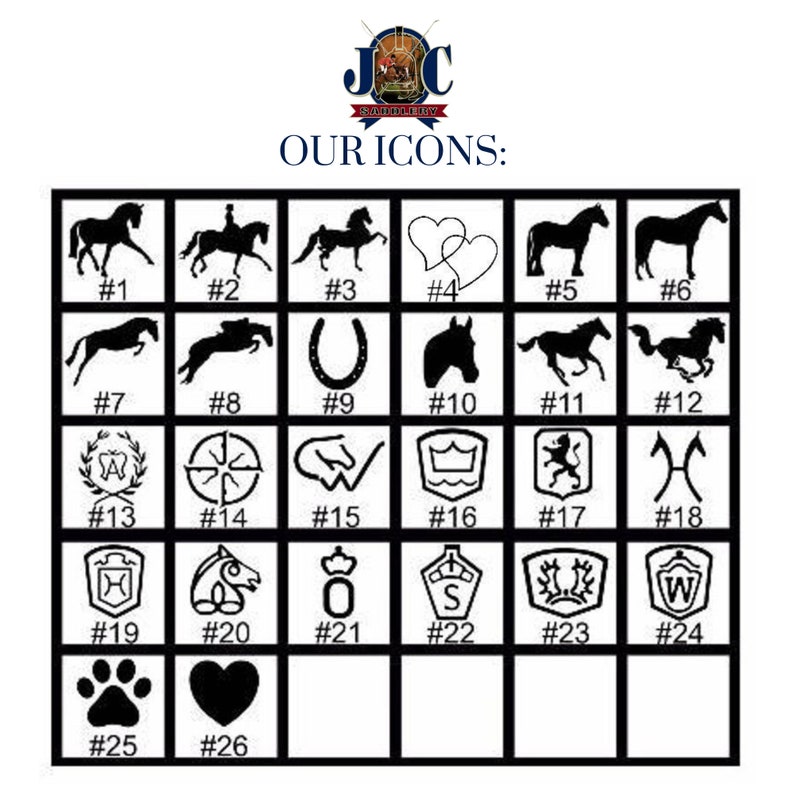 May include: A grid of black and white icons, including horses, hearts, and other symbols. The text "OUR ICONS:" is above the grid, with a logo at the top. Each icon is numbered.
