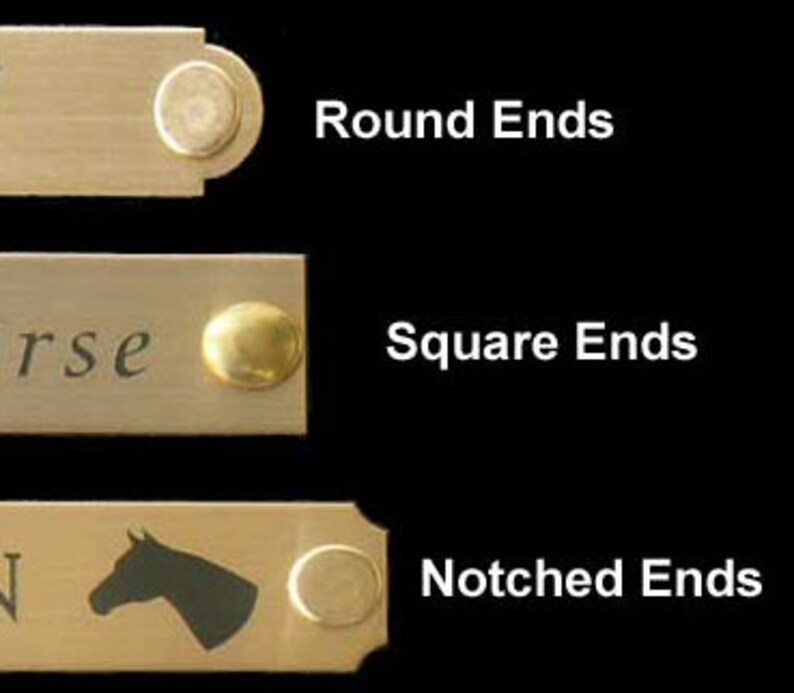 May include: Three brass nameplates with different end styles: round, square, and notched. Each plate has a brass rivet on one end. The middle plate has the word "horse" engraved. The bottom plate features a horse head silhouette.
