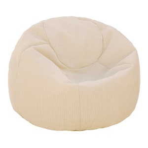 May include: A cream-colored bean bag chair with a striped fabric cover.