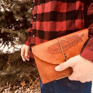 Rustic Handmade Leather Journal with Hand-Carved Feather Design image 5