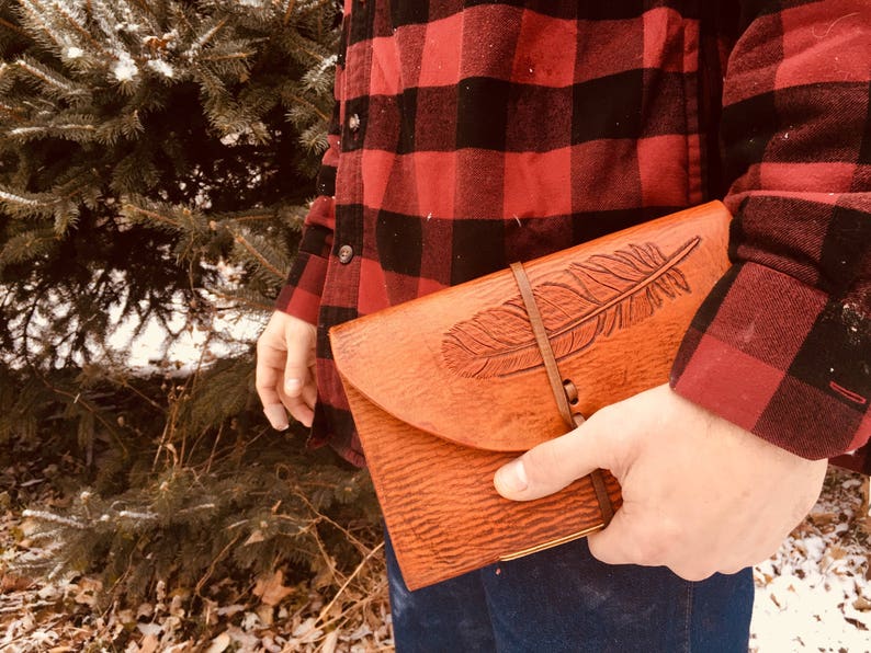 Rustic Handmade Leather Journal with Hand-Carved Feather Design image 5