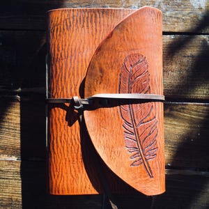 Rustic Handmade Leather Journal with Hand-Carved Feather Design image 7