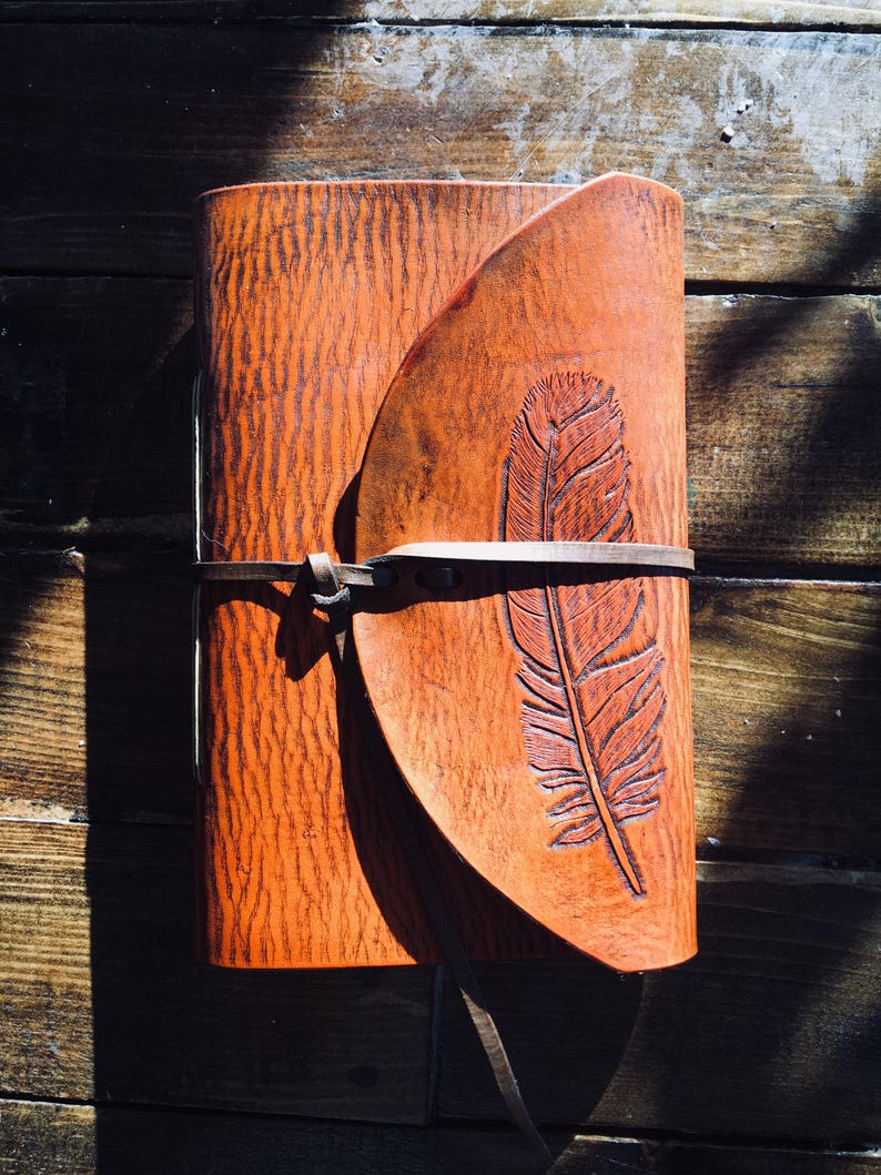 Rustic Handmade Leather Journal with Hand-Carved Feather Design image 7