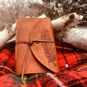 Rustic Handmade Leather Journal with Hand-Carved Feather Design image 1