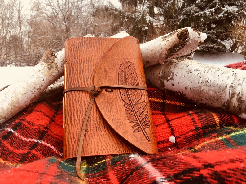 Rustic Handmade Leather Journal with Hand-Carved Feather Design image 1