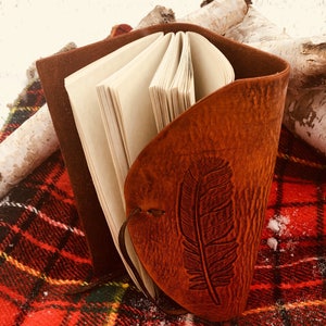 Rustic Handmade Leather Journal with Hand-Carved Feather Design image 3