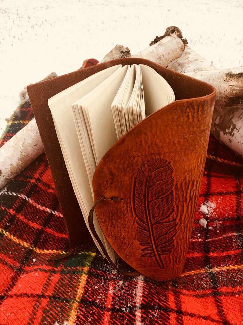 Rustic Handmade Leather Journal with Hand-Carved Feather Design image 3