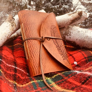 Rustic Handmade Leather Journal with Hand-Carved Feather Design image 2