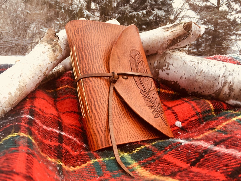 Rustic Handmade Leather Journal with Hand-Carved Feather Design image 2
