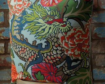 Schumacher Chiang Mai Dragon Cushion Cover in Aquamarine