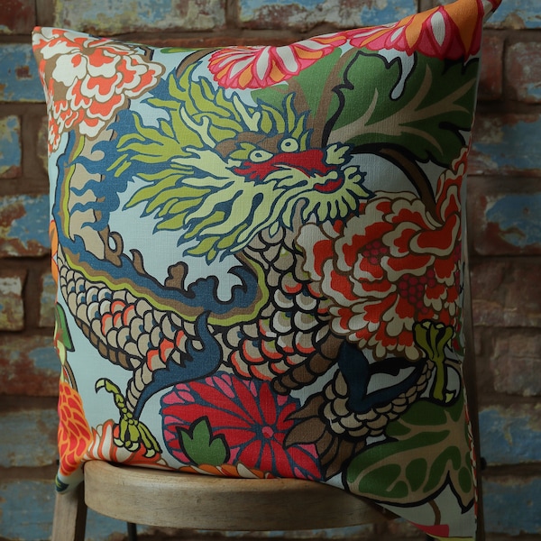 Schumacher Chiang Mai Dragon Cushion Cover in Aquamarine