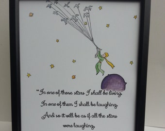 Little Prince Watercolour Painting & A Quote Antoine de Saint-Exupery Birds, Rose, hand painted