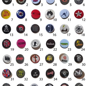 Broches personalizados de punk rock, tamanho pequeno, mini ou médio, com botões de 2,5 cm (1 polegada), ideais para fãs de bandas musicais.