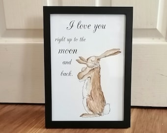 A4 Guess How Much I Love You Rabbit Cuddle Sam McBratney Anita Jeram Quote and Watercolour Hand Painted Love You to the Moon and Back