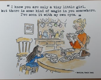 Hand Painted Matilda Quote and Watercolour Painting Roald Dahl Quentin Blake Miss Honey Dining