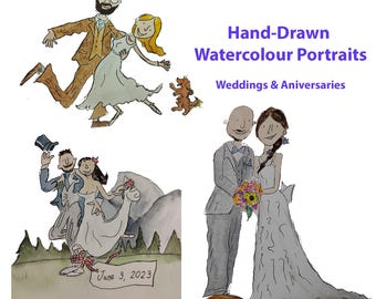 Wedding, Anniversary, Engagement Watercolour Portraits Individually Hand painted Custom Quirky Silly Quentin Blake Style Paintings