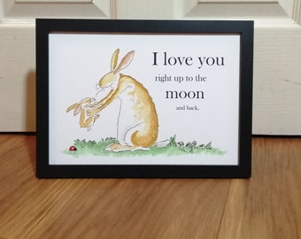 Hand Painted Guess How Much I Love You Rabbits  Sam McBratney Anita Jeram Quote and Watercolour Love You to the Moon and Back