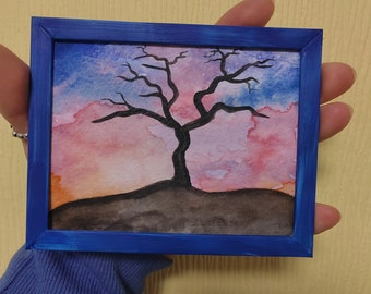 Original Art Landscape Colourful Sky tree silhouette Watercolour Hand Painted Miniature Painting Dollshouse Mystical surreal enchanted