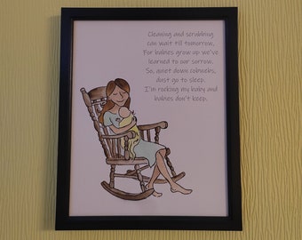 Hand painted New Mother Baby gift painting poem personalised Scrubbing and Cleaning Babies don't keep Watercolour watercolor