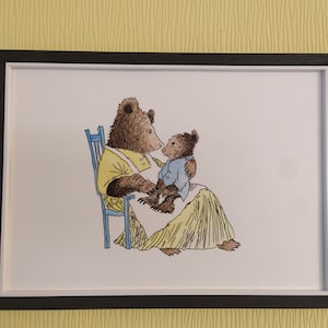 Dipinto ad acquerello a mano, piccolo orsetto, dipinto ad acquerello, abbraccio, arte murale per bambini, libro per bambini