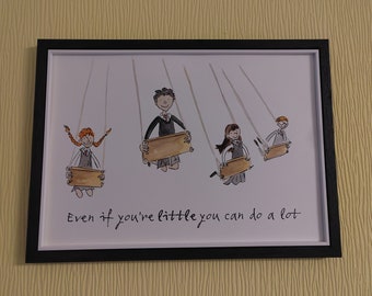 Matilda the Musical Hand Painted Quote and Watercolour Painting Children on Swings Roald Dahl Quentin Blake