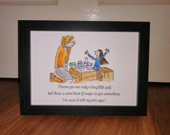 A4 Matilda Quote and Watercolour Painting Roald Dahl Quentin Blake Hand Painted Miss Honey