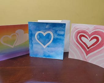 Hand painted Valentines Day Love Card Watercolour heart bright colour custom