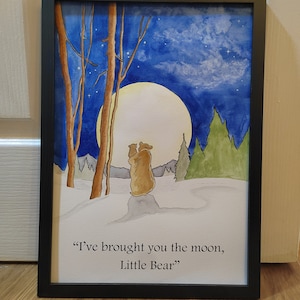 Hand Painted Watercolour Can&#39;t You Sleep Little bear? Quote and Water colour Painting Martin Waddell A4