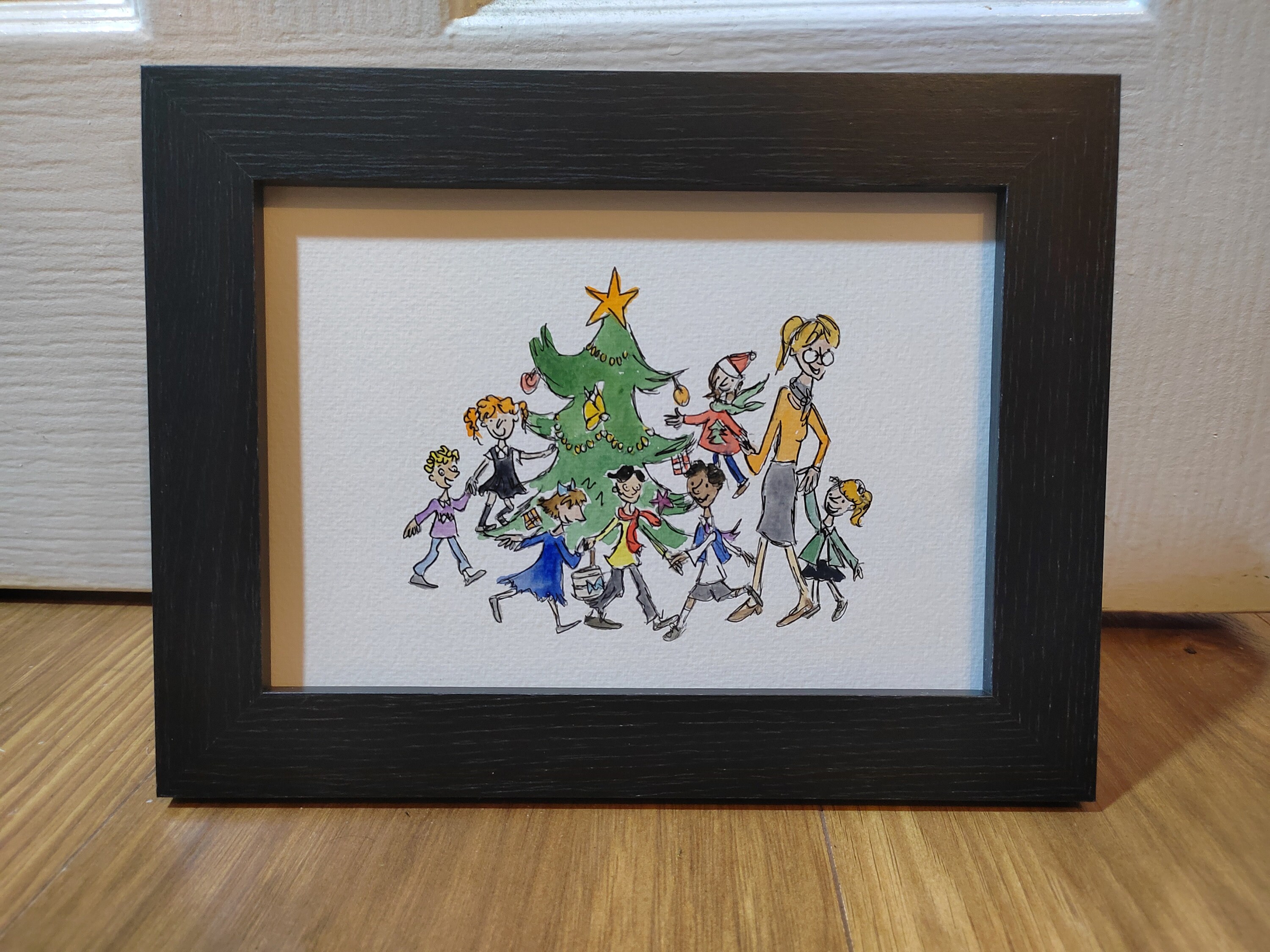 Christmas Quentin Blake Style inspired school children teacher Portraits Hand Painted Watercolour Custom Illustration Gift