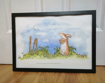 Guess How Much I Love You  Hand Painted Watercolour Sam McBratney Anita Jeram Quote and  Love You to the Moon and Back Pale Night Sky A4