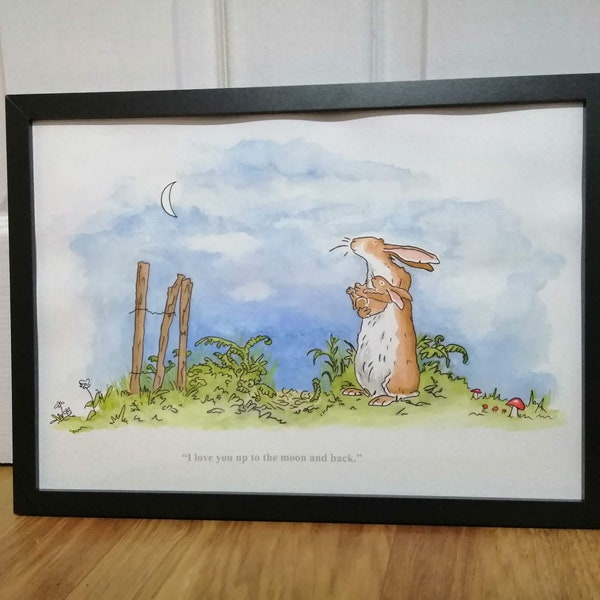 Guess How Much I Love You  Hand Painted Watercolour Sam McBratney Anita Jeram Quote and  Love You to the Moon and Back Pale Night Sky A4