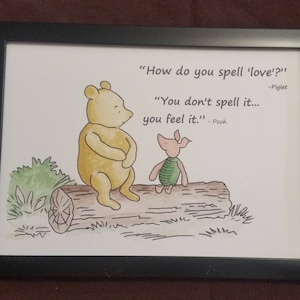 A4 Winnie the Pooh Love Quote and Watercolour Painting  Hand Painted Piglet and Sitting on Log A. A. Milne