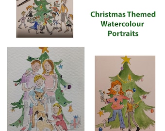 Christmas Quentin Blake Style inspired Family Portraits Hand Painted Watercolour Custom Illustration Pets Teachers Mum Dad Aunt Uncle Gift