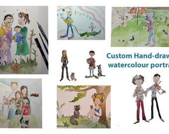 Quentin Blake Style Family Portraits Hand Painted Watercolour Custom Illustration Children Teachers Couples Wedding Anniversary Engagement