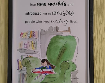 Hand Painted Matilda Quote and Watercolour Painting Roald Dahl Quentin Reading in armchair
