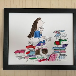 Citazione di Matilda dipinta a mano e acquerello Roald Dahl Quentin Blake A4 A5 8 x 10 pollici Pila di libri in piedi