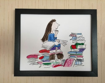 Hand Painted Matilda Quote and Watercolour Painting Roald Dahl Quentin Blake  A4 A5 8x10 inch Standing Pile of Books