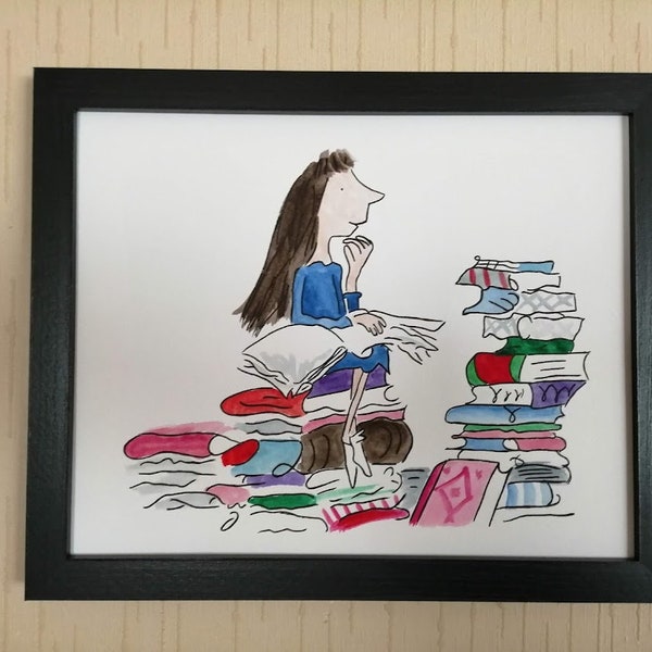 Peinture à la main Matilda Citation et aquarelle Roald Dahl Quentin Blake A4 A5 8x10 pouces Pile de livres debout