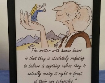 A4 The BFG Quote and Watercolour Painting Roald Dahl Quentin Blake Hand Painted Sofie The matter with Human Beans