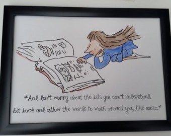Matilda Reading a Book on the Floor Watercolour Painting Hand Painted  Roald Dahl Quentin Blake