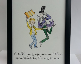 Hand Painted Charlie and the Chocolate Factory Watercolor Art, Roald Dahl Quote
