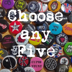 5 x Punk pinback button pins, Set Band Pins, Music Pins, DIY Pins 25mm 70s Badges 1 inch Fan Art Button Small Heavy Metal Mix and Match