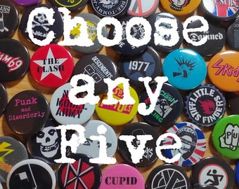 5 x Punk pinback button pins, Set Band Pins, Music Pins, DIY Pins 25mm 70s Badges 1 inch Fan Art Button Small Heavy Metal Mix and Match