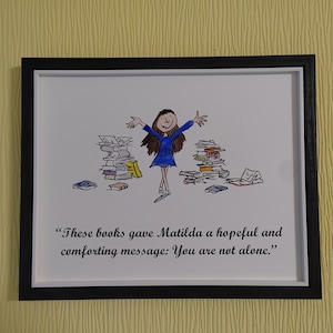 Hand Painted Matilda Quote and Watercolour Painting Roald Quentin Blake Roald Dahl Happy Pile of Books