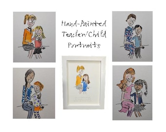 Hand Painted Watercolour Portraits Teacher Child Inspired by Matilda & Quentin Blake