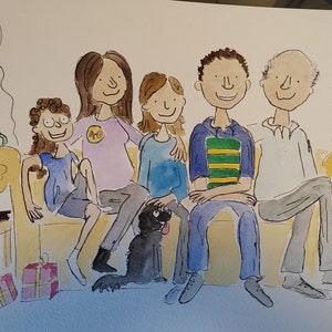 Retratos familiares al estilo de Quentin Blake, pintados a mano, acuarela, ilustración personalizada, niños, profesores, parejas, aniversario de bodas, compromiso